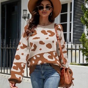 Leopard Ribbed Trim Dropped Shoulder Sweater